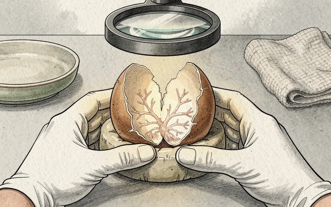 Gloved hands positioning an opened chicken egg beneath a simple inspection lens