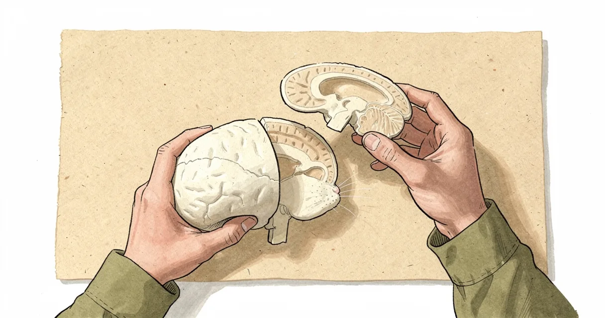 Illustrated hands separating removable cross-sections of a plaster rat-brain teaching model