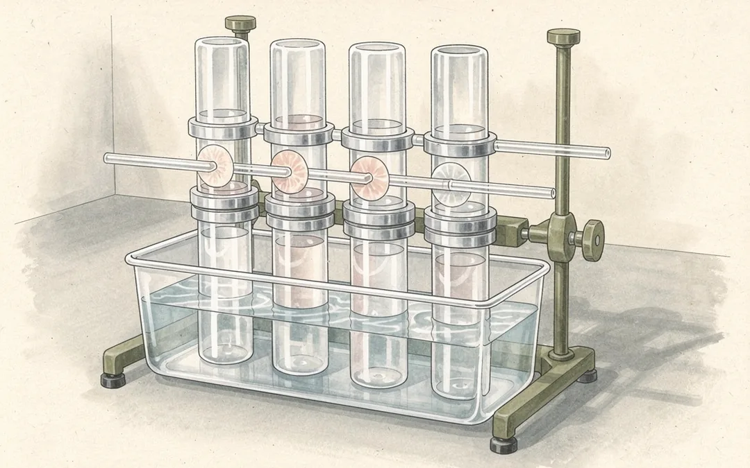 Glass diffusion cells clamped upright in a warm-water bath on a laboratory work surface